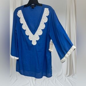 Karen Kane Royal Blue Blouse with White Floral Trim